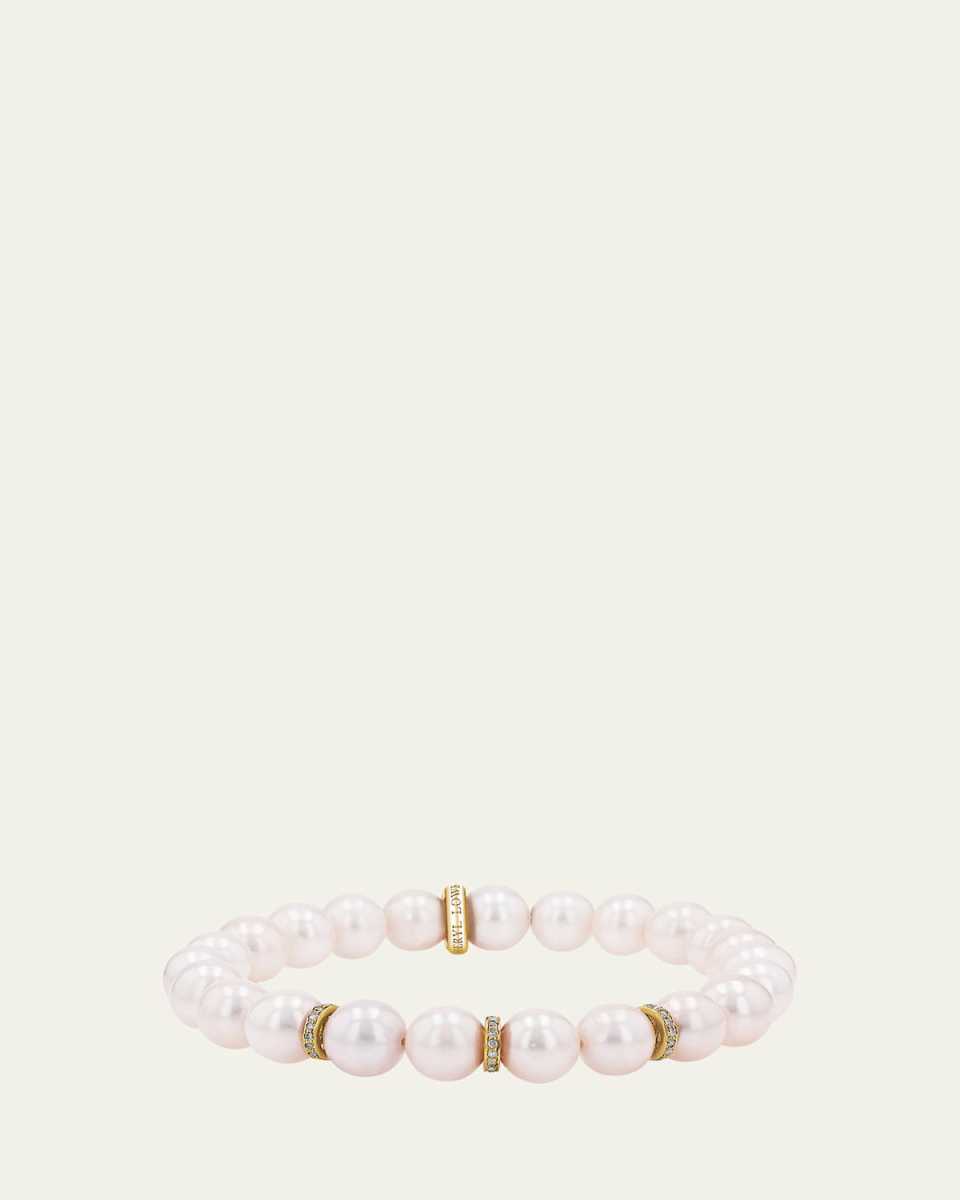 14K Yellow Gold Pearl 8mm Bead Bracelet with 3 Pave Diamond Rondelles